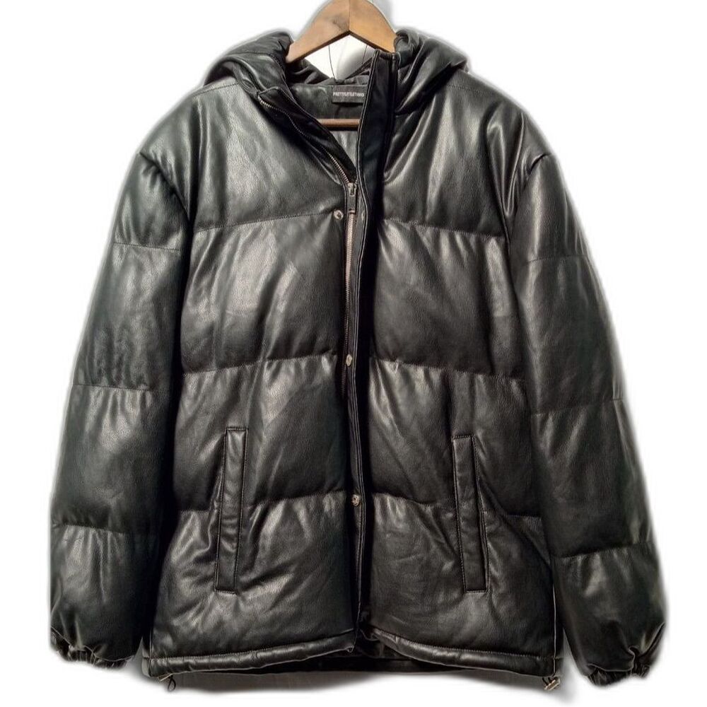 PrettyLittleThing Black Faux Leather Elastic Hem Puffer Hooded Jacket Women 10